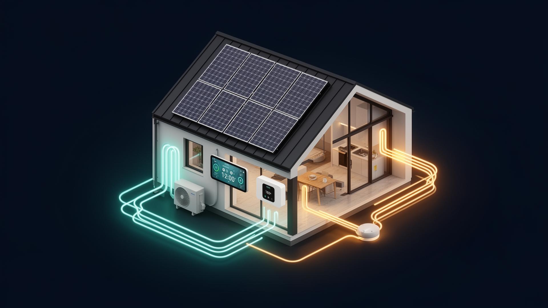 Energiflöden mellan solceller, batteri, styrning och värmepump i ett smart hem